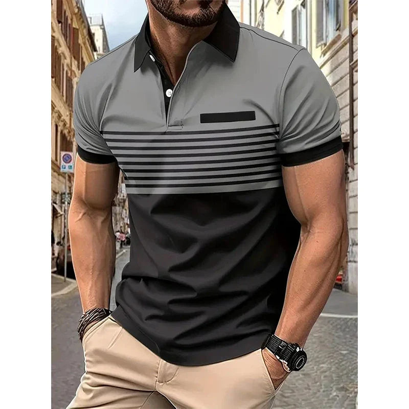 Hehope Summer New Casual Fashion Versatile Polo Shirt Men's Lapel Button Color Block Print Patchwork Striped Ventilate Long Sleeved Top