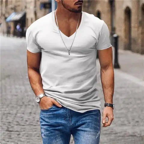 Hehope Summer Men V-neck Basic T-shirt Slim Solid Cotton Breathable Quick Dry Casual Sports Simple Versatile Bottoming Short Sleeve Top