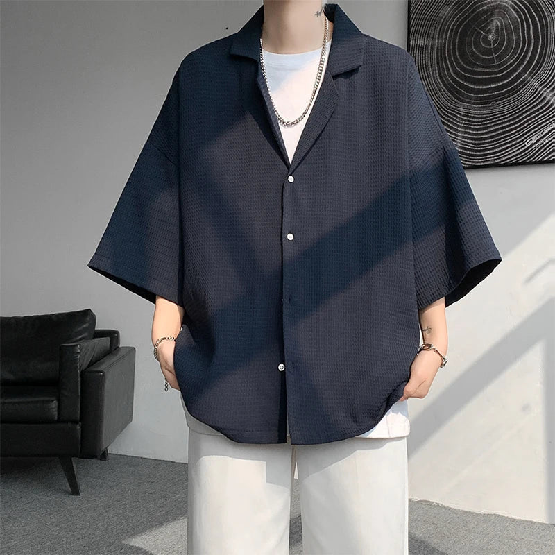 Hehope Solid Color Suit Collar Men's Texture Shirts Men Oversized Casual Half Sleeve Shirt Tops Summer Streetwear Man Blouse 5XL-M