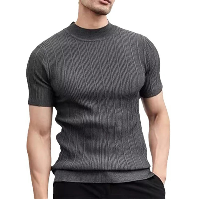 Hehope 2024 Spring Summer Casual Knit T Shirts For Men Solid Color Short-sleeved Slim Jumper Tops Mens Knitwear Fashion Mock Neck Tees