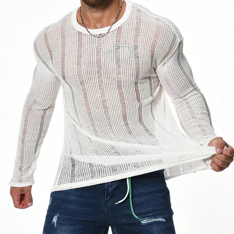 Hehope Sexy See Through Knitted T Shirt Mens Long Sleeve O Neck Slim Stretch Knit Tops For Men Casual Breathable Solid Color Pullovers