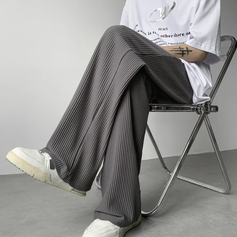 Hehope Summer Casual Pants Men Fashion Oversized Wide Leg Pants Men Trousers Streetwear Korean Loose Pleated Pants Mens Ice Silk Pants