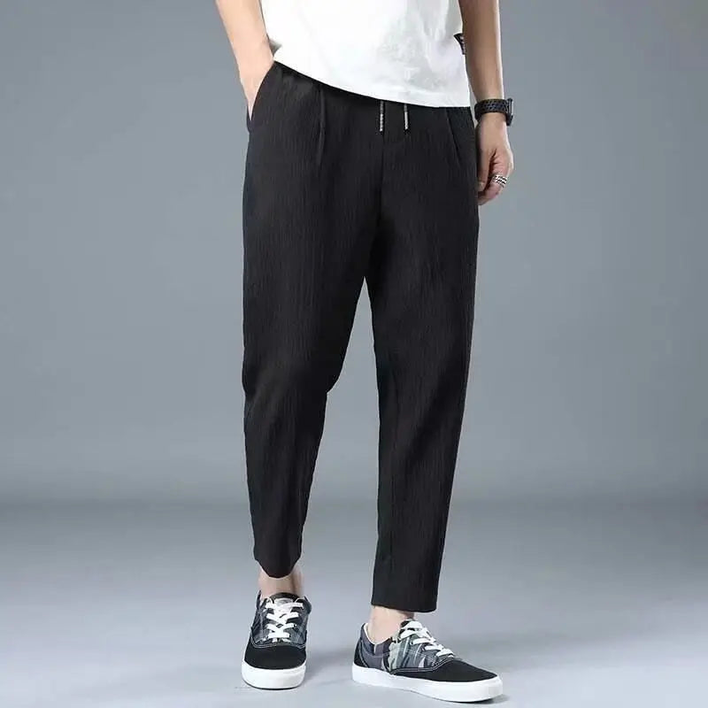 Hehope Spring Summer Men Cotton Hemp Ice Silk Pants Streetwear Fashion Male Basic Elastic Waist Loose Sports Straight Casual Trousers