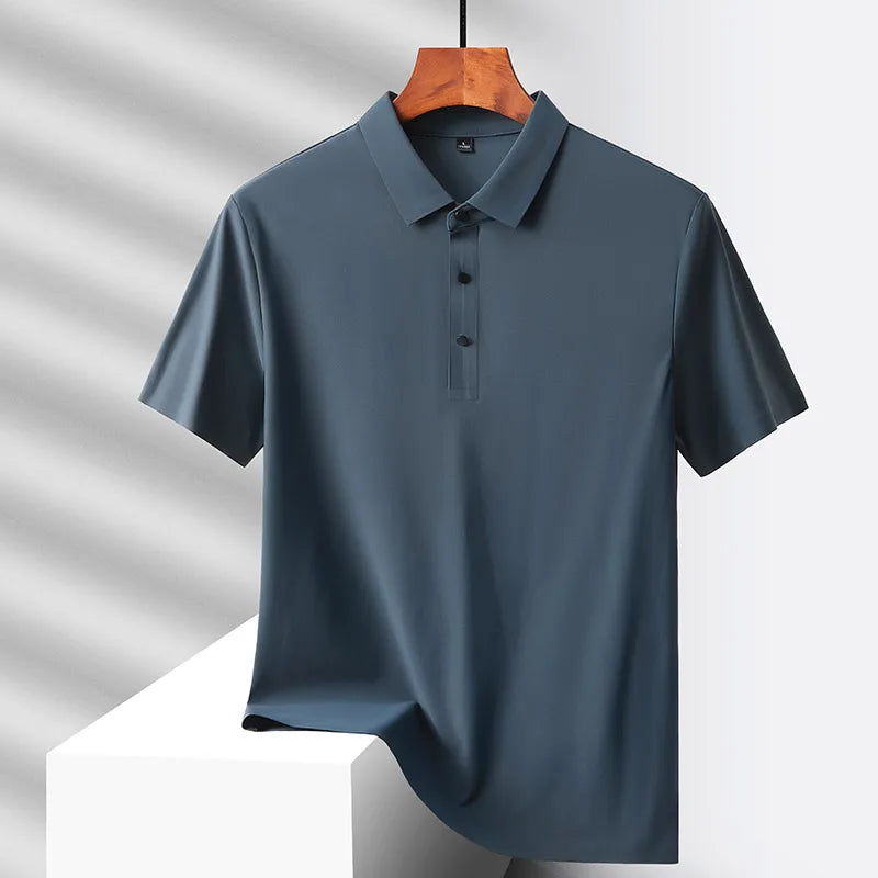 Hehope Summer Ice Silk Quick Drying Loose Polo Shirt Middle Aged Men's Solid Lapel Button Simple Versatile Casual Thin Short Sleeve Top