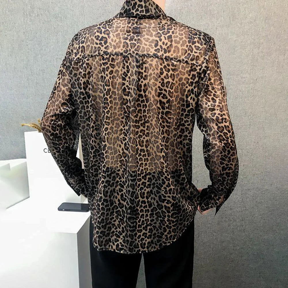 Hehope Mens Sexy Leopard Print Mesh See-Through Ice Silk Shirt Autumn Genderless Fashion Youth Nightclub Breathable Hollow Top Unisex