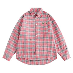 Hehope Streetwear Flower Embroidery Plaid Long Sleeve Shirt Mens Retro Casual Loose Pocket Lapel Single Breasted Shirts Jacket Y2K