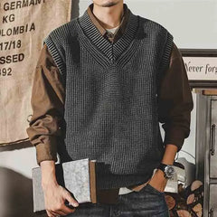 Hehope American Vintage Spring New Sleeveless Men Sweater Vest Solid Fashion Trend Loose Patchwork Pullover V-neck Knitted Tank Tops