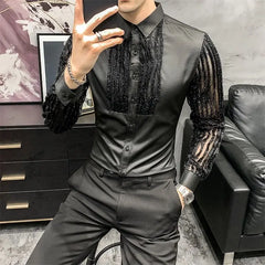 Hehope Spring Autumn Y2K Fashion Harajuku Shirt Men All Match Loose Casual Tops Patchwork Blusa Long Sleeve Button Lace Male Clothes