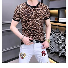 Hehope Summer Round Neck Men's Clothing Fashion Leopard Ice Silk Fabric Tops Man Grid Mesh Hollow Out All-match T-shirt