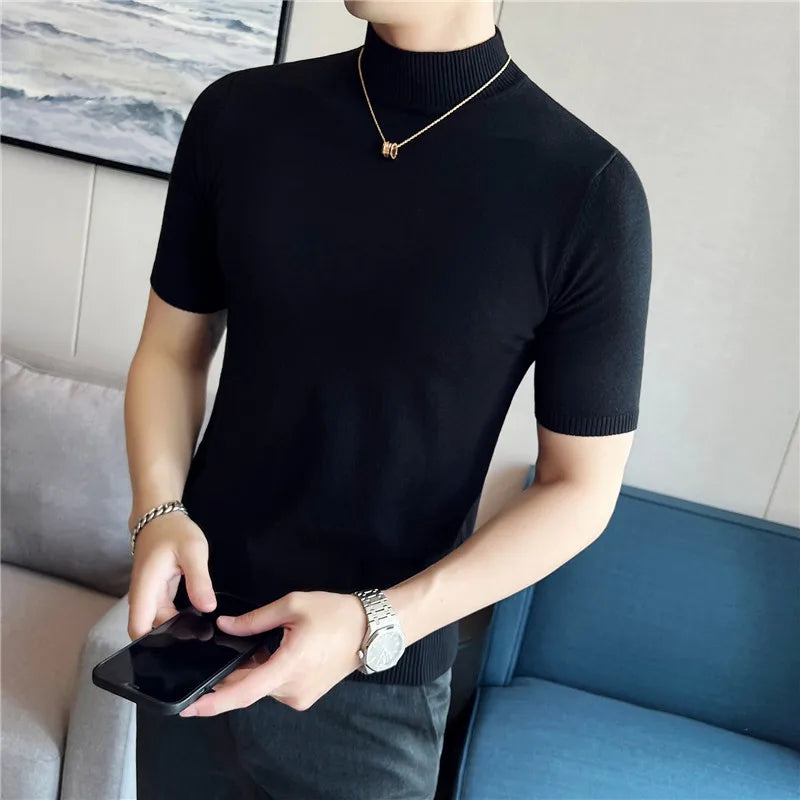 Hehope Men Short Sleeve T-Shirt Knitted Pullover 2024 Summer High Elastic Solid Casual Stripe Slim Fit Half High Collar Knit Sweater