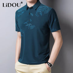 Hehope Summer New Short Sleeve Polo Shirts Man Turn-down Collar Button Fashion Printing Ice Silk Fabric Pullovers Casual Tops