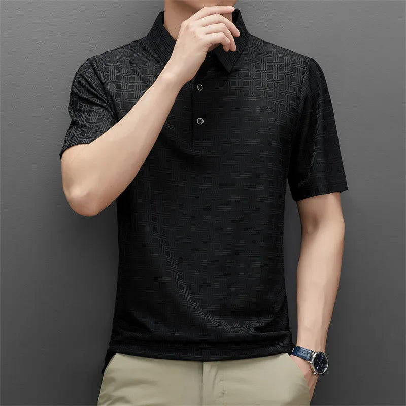 Hehope Men Fashion Business Casual Button Polo Collar Shirts Summer Short Sleeve Solid Color T-shirt Breathable Textured Pullover Tops