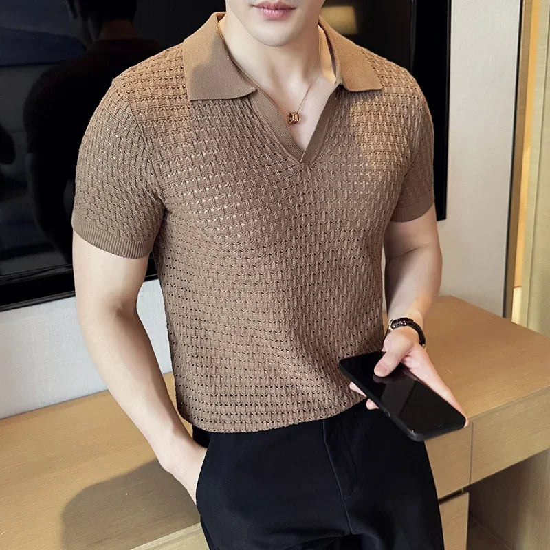 Hehope Men's Polo Shirt 2024 Summer New Light and Thin Knitted Hollow Solid Color Casual Short Sleeved V-neck T-shirt Men's Clothing