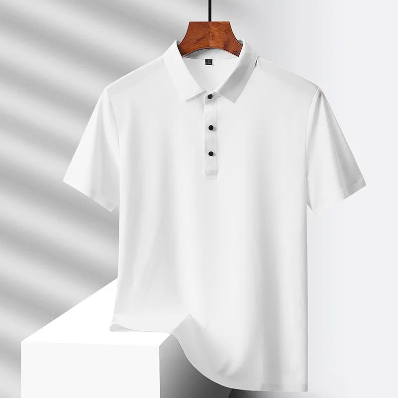 Hehope Summer Ice Silk Quick Drying Loose Polo Shirt Middle Aged Men's Solid Lapel Button Simple Versatile Casual Thin Short Sleeve Top