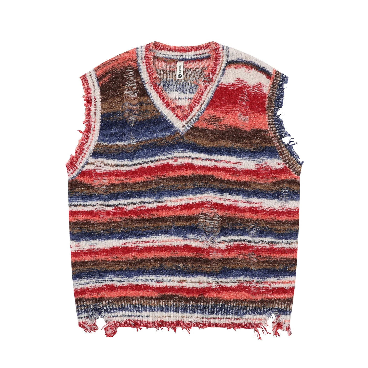 Hehope Vintage Gradient Stripe Baggy Knitted Sweater Vest Washed Ripped Red Sweater Tank Top Y2k Tie Dyeing V-Neck Sleeveless knitwear