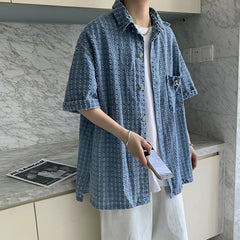 Hehope High Street Hole Denim Shirts Men Summer Korean Fashion Irregular Bead Decorate Mens Shirt Single Breasted Luxury