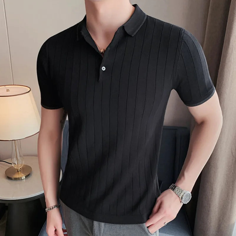 Hehope Summer Striped Knitted Polo Shirt Men Short Sleeve Lapel Tee Tops High Quality Casual Slim Fit Business Social Polos Streetwear