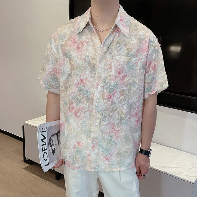 Hehope High-quality Fringe Floral Shirt for Men Summer Short Sleeve Loose Shirts Fashion Oversized Streetwear Harajuku Top Men Clothing