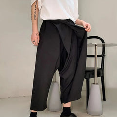 Hehope Men Double-Layer Irregular Pleated Wide-Leg Pants 2024 New Genderless Dark Style Retro Loose Solid Color Nine-Point Pants Unisex