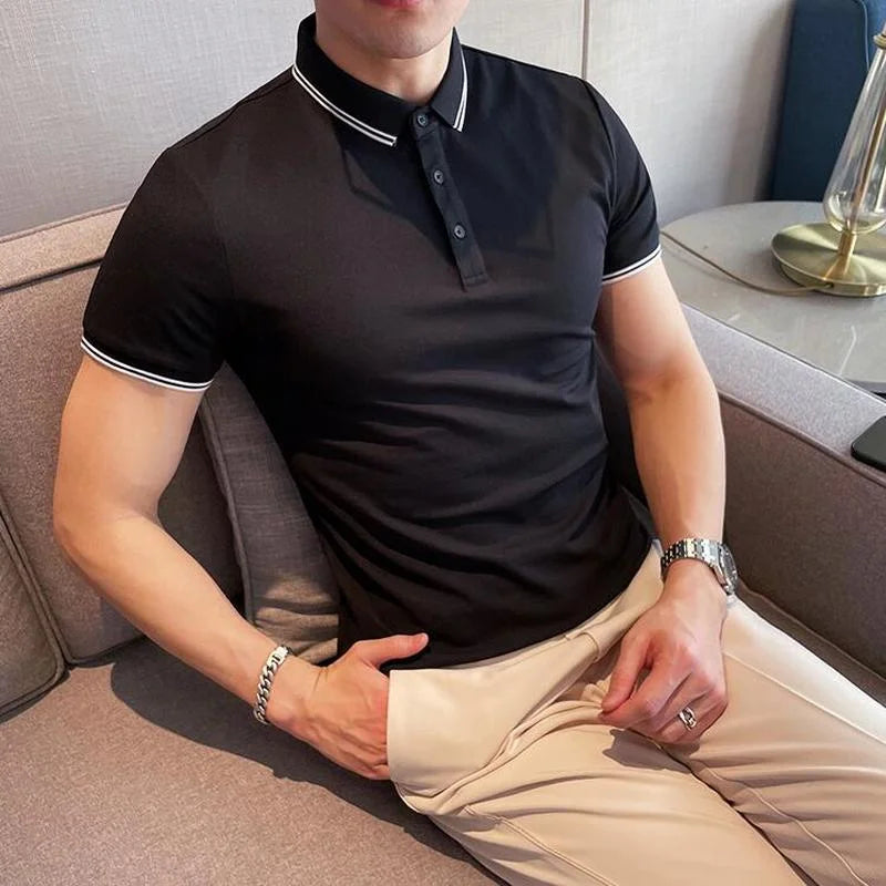 Hehope Mens Knitted Polo Shirts Summer New Hot British Style Street Slim Short-sleeved T-shirt Solid Color Casual Mens Clothing