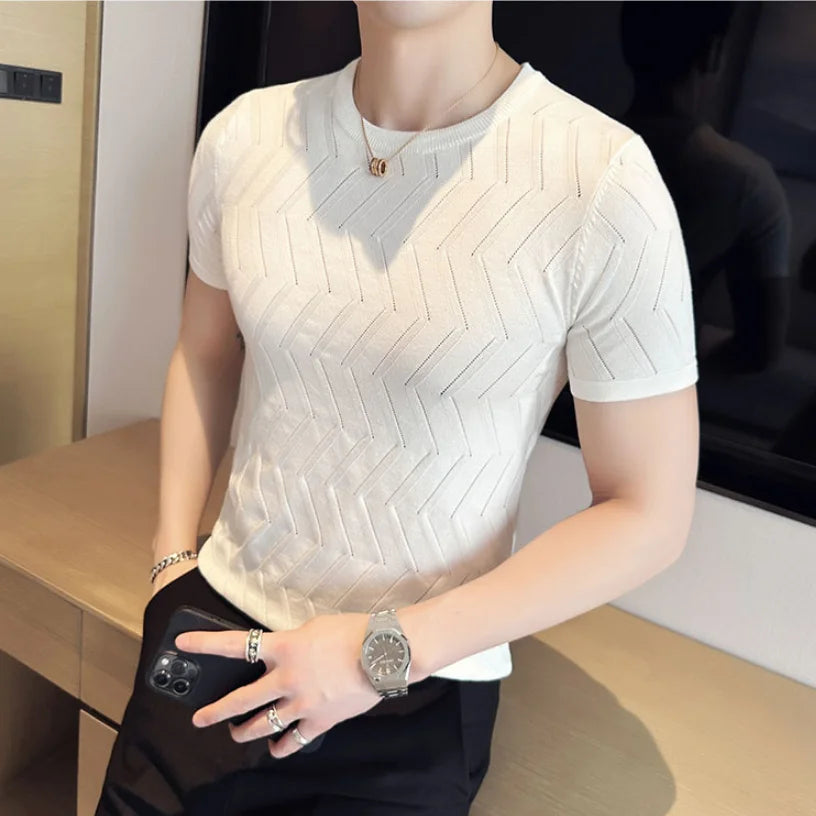 Hehope New Men Short Sleeve Breathable Leisure O-neck Slim Fit T-shirts Male Fashion Ice Silk Knitted Tops Size Shirt S-3XL