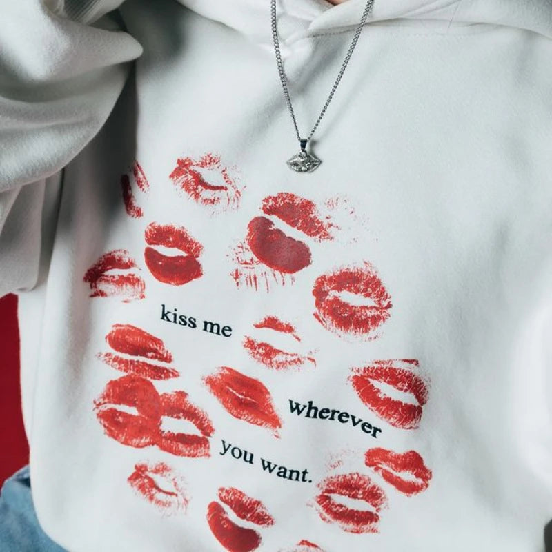 Hehope Y2K Fashionable Harajuku Hoodie Streetwear Oversized Lips Pattern Letter Print Tops Casual Wear Gothic Women Vintage Sweatshirts