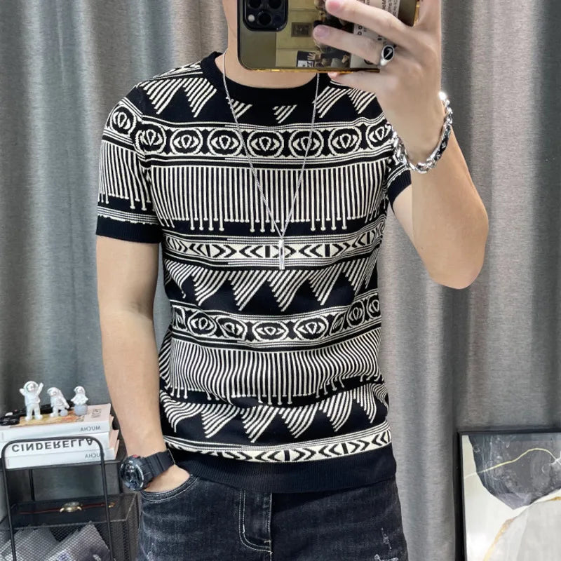 Hehope Korean Slim Bottomed Shirt Thick O-Neck Stripe Short Sleeve T-shirt Streetwear Knitted Sweater Top Quality Male Knit Tshirt Tee