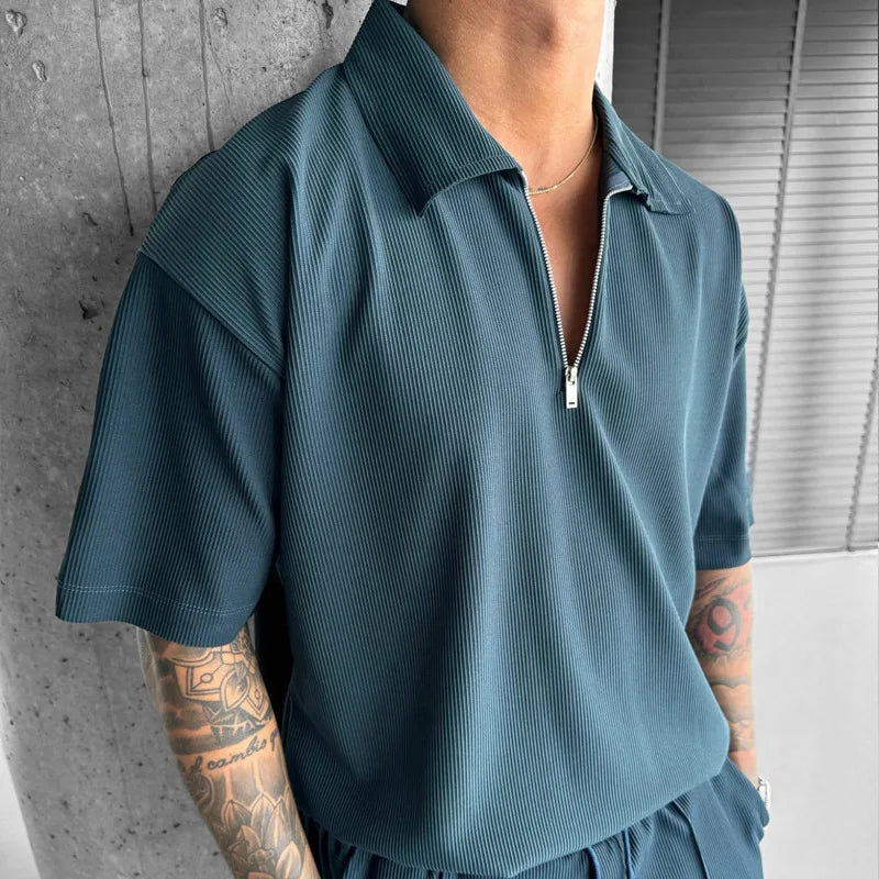 Hehope Trendy Mens Two Piece Sets Spring Summer Casual Lapel Zipper Short Sleeve Polo Shirt And Shorts Suits Men Fashion Loose Outfits