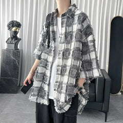 Hehope Summer Fashion Polo-neck Vintage Plaid Tassel Printing Shirt Male Half Sleeve Loose Casual Harajuku Y2K Cardigan Top Men Blouse