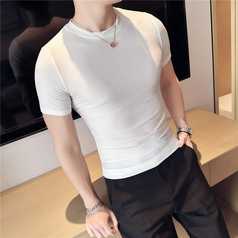 Hehope Men T Shirt Summer New Thin Ice Silk Solid Casual Short Sleeved Elastic Slim Fit T-shirt Tops Korean Fashion Men Clothing