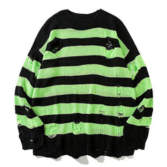 Hehope Autumn Winter Couple Stripe Sweaters Destroyed Ripped Sweater Men Pullover Hole Knitwear Women Oversized Fashion Harajuku Tops