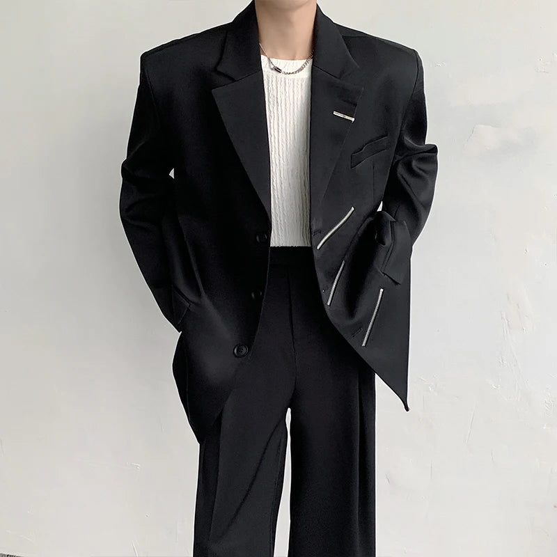 Hehope Oversized Black Blazer Men High-end Fashion Leisure Suit Jackets Multi-zippers Male Streetwear Casual Korean All-match Suit