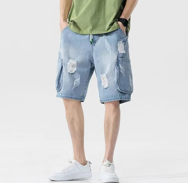 Hehope Gray Ripped Male Denim Shorts Korean Fashion Fitted Summer Y2k with Free Shipping Baggy Distressed Jorts Men's Short Jeans Pants