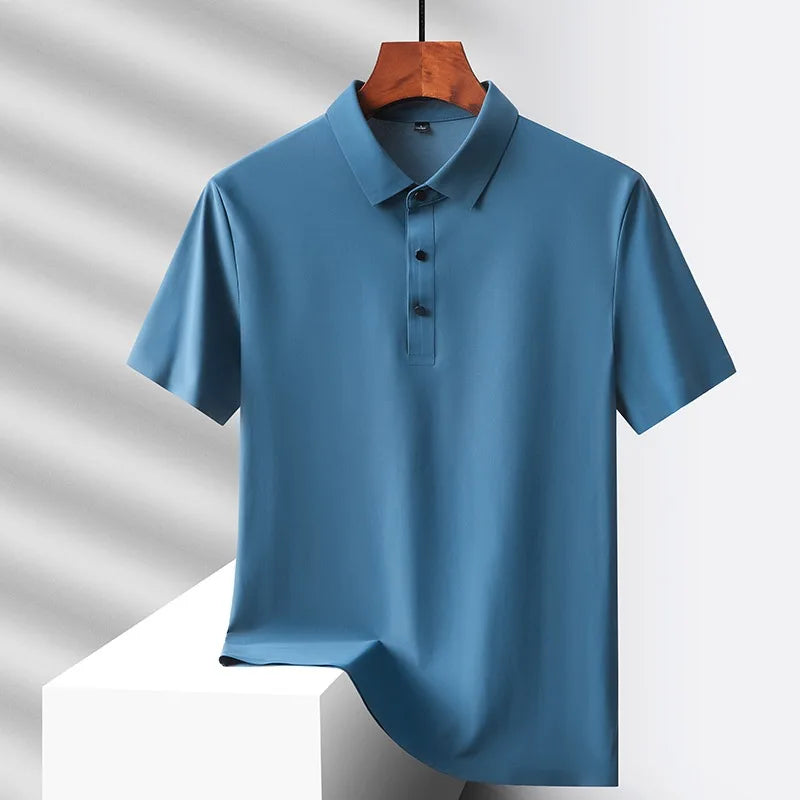 Hehope Summer Ice Silk Quick Drying Loose Polo Shirt Middle Aged Men's Solid Lapel Button Simple Versatile Casual Thin Short Sleeve Top