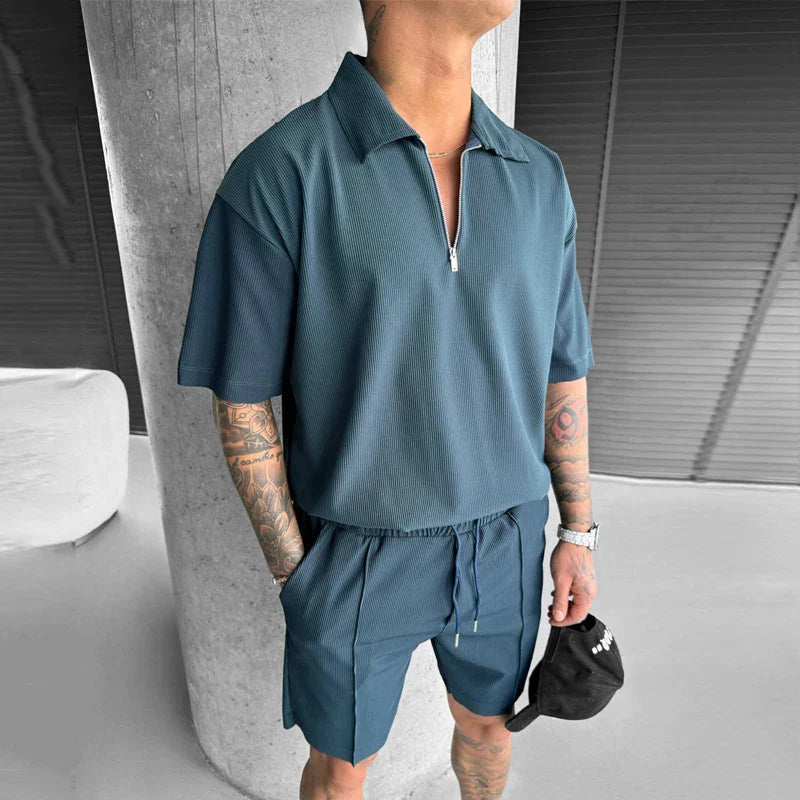 Hehope Trendy Mens Two Piece Sets Spring Summer Casual Lapel Zipper Short Sleeve Polo Shirt And Shorts Suits Men Fashion Loose Outfits