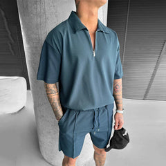 Hehope Trendy Mens Two Piece Sets Spring Summer Casual Lapel Zipper Short Sleeve Polo Shirt And Shorts Suits Men Fashion Loose Outfits