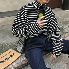 Hehope High Necked T-shirt Men Slim Fit Fashion Black Casual T Shirt Men Streetwear Korean Long Sleeved T-shirt Mens Striped Tshirt