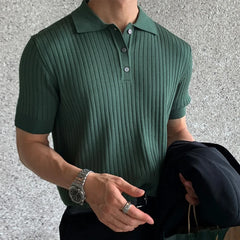 Hehope Casual Solid Color Ribbed T Shirts Men Fashion Slim Buttoned Lapel Polo Shirt Short Sleeve Casual Clothes Summer Mens Streetwear