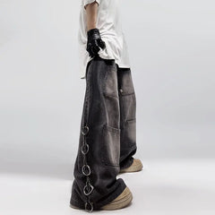 Hehope  American Style Oversized Pocket Retro Baggy Jeans Men Y2k Hip Hop Punk Wide Leg Straight Overalls Black Denim Pants Streetwear