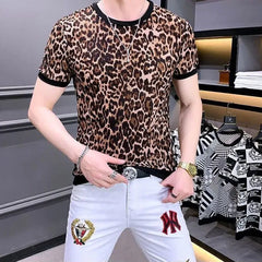 Hehope Summer Round Neck Men's Clothing Fashion Leopard Ice Silk Fabric Tops Man Grid Mesh Hollow Out All-match T-shirt