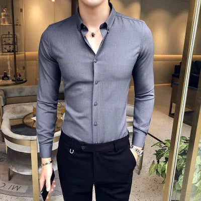 Hehope Mens Exquisite Solid Color Shirt Yingya Gentleman Style Youth High-quality Long-sleeved Business Men's Casual Slim-fit Shirt