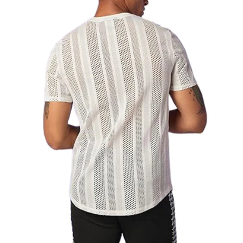 Hehope 2024 Spring Summer Mens Casual Mesh Tops Short Sleeve O Neck Hollow Out T Shirts Fashion Solid Color See Through Breathable Top