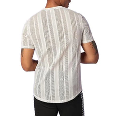 Hehope 2024 Spring Summer Mens Casual Mesh Tops Short Sleeve O Neck Hollow Out T Shirts Fashion Solid Color See Through Breathable Top