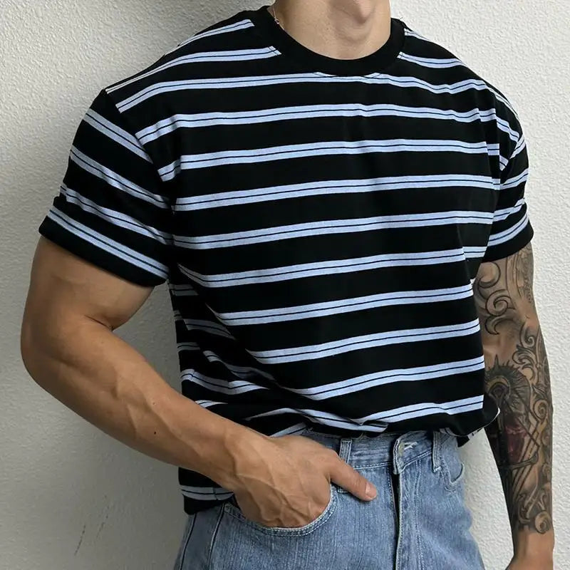 Hehope Summer New Korean Cotton Contrast Stripe Round Neck Loose Casual T-shirt Men's Breathable Commuter Versatile Short Sleeved Top