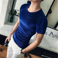 Hehope Fashion Summer Men Velvet T-Shirt Slim Solid Striped Casual O-neck TShirt Shorts Sleeve Tight Tees Top Club Costume Clothing 6XL