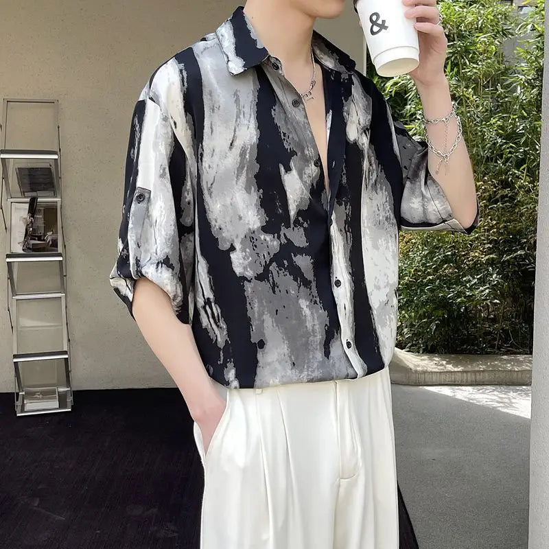 Hehope 2024 New Summer Haute Couture Lapel Print Korean Version Ruffled and Handsome Loose Casual Oversize Medium Sleeved Floral Shirt