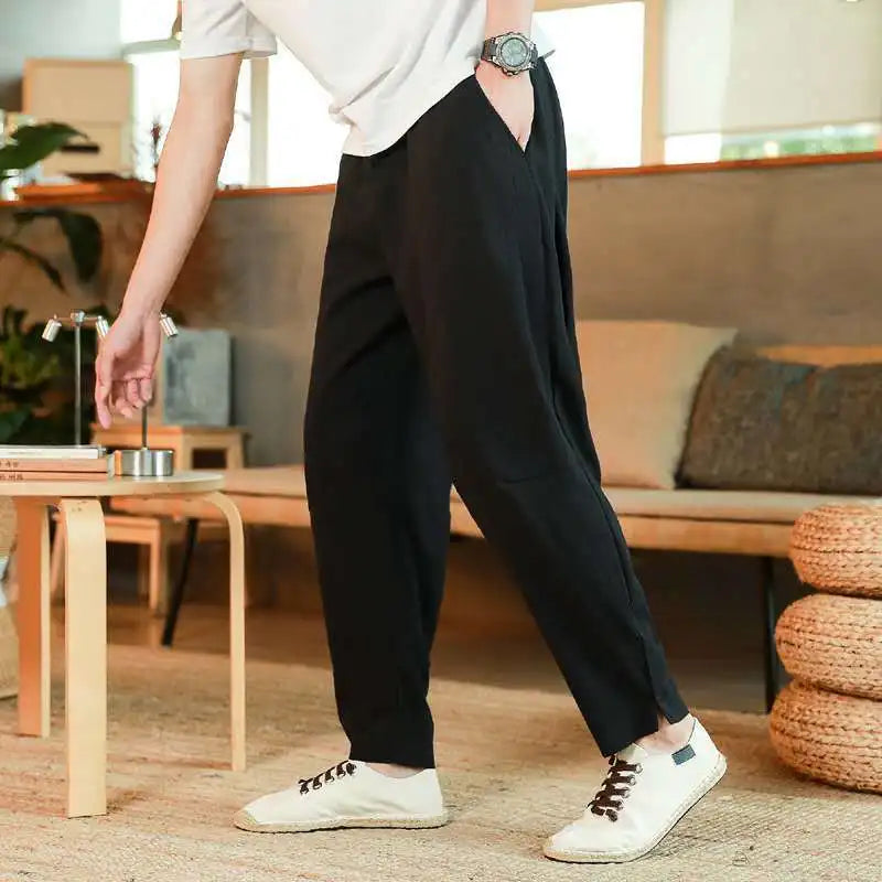 Hehope Vintage Chinese Summer Casual Pants Men Solid Thin Cotton Hemp Pocket Elastic Waist Drawstring Straigh Loose Haren Trousers