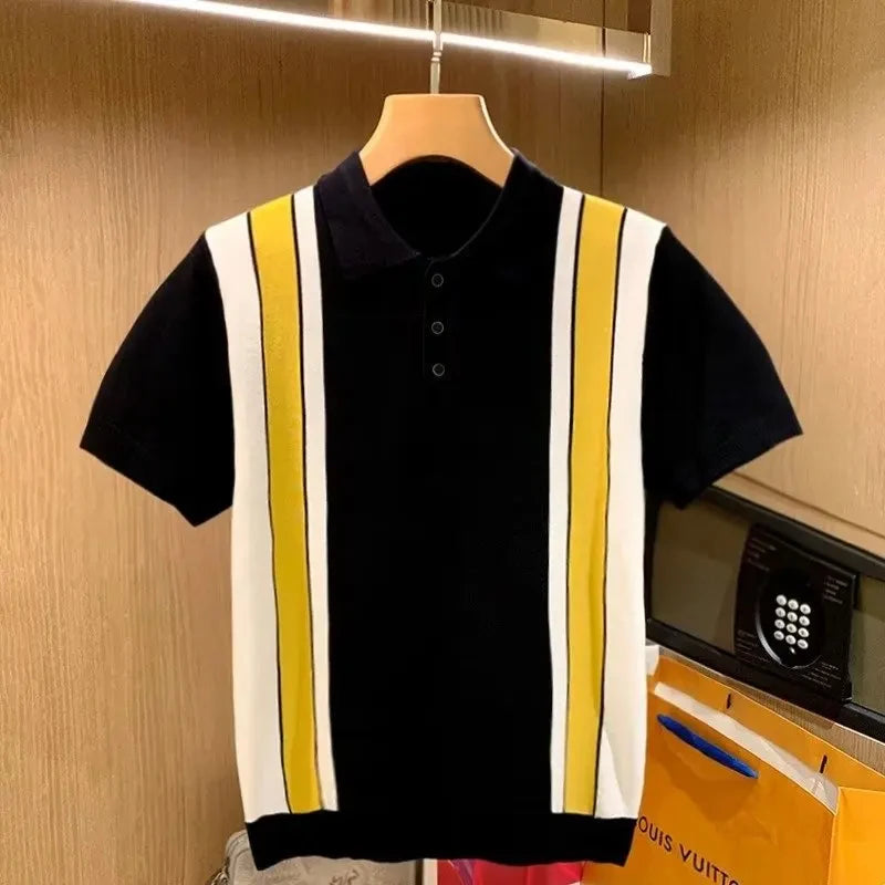 Hehope High Quality Knit Slim Polo Shirt Mens Vintage Striped Embroidery Knitted Tops Summer Casual Turn-down Collar Short Sleeve Polo