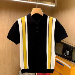 Hehope High Quality Knit Slim Polo Shirt Mens Vintage Striped Embroidery Knitted Tops Summer Casual Turn-down Collar Short Sleeve Polo