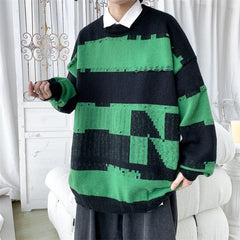 Hehope Korean Fashion Men's Plus Size Sweater Striped Loose Round Neck Knitted Top Autumn New Casual Pullover Sweaters